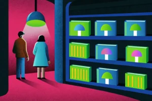 Księgarnia z półkami pełnymi książek o grzybach, psylocybinie i ekologii — obraz współczesnego trendu edukacyjnego.