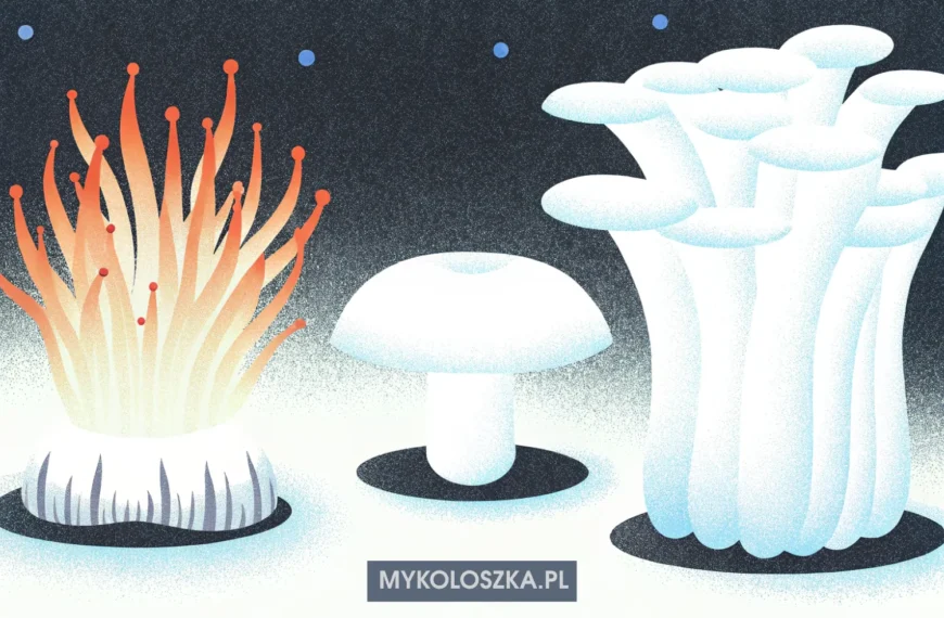 Three extraordinary medicinal mushrooms as dramatic natural sculptures against a dark background: Left: Cordyceps militaris — vivid orange elongated club-shaped fruiting bodies rising from dark soil, almost flame-like. Center: Lion's Mane (Hericium erinaceus) — large white cascading icicle-like mass, luminous and soft. Right: Reishi (Ganoderma lucidum) — deep lacquered mahogany shelf fungus with concentric rings, glossy surface catching warm light. Each mushroom glows softly from within — warm amber, white, deep red — like living lanterns. Dark, minimal background. Dramatic side lighting. Style: painterly editorial illustration, scientific yet atmospheric. No text. No labels. No supplements, no pills, no capsules.